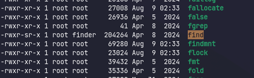 The find binary with its SGID bit set to the finder group