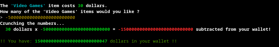 Buying a negative quantity of video games to inflate the balance